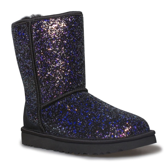 UGG CLASSIC SHORT COSMOS PURPLE BLACK SPARKLE BOOTS leather sheepskin RARE sz 7 - Picture 1 of 8